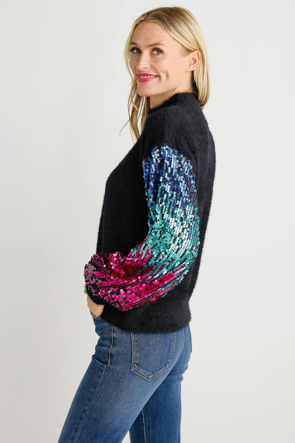 Listicle Sequin Sleeve Fuzzy Knit Pullover Sweater