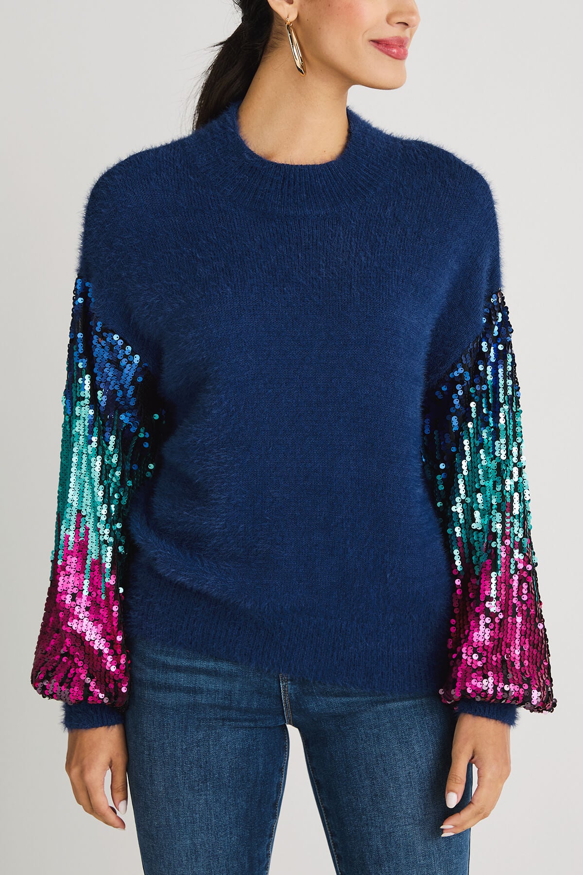 Listicle Sequin Sleeve Fuzzy Knit Pullover Sweater