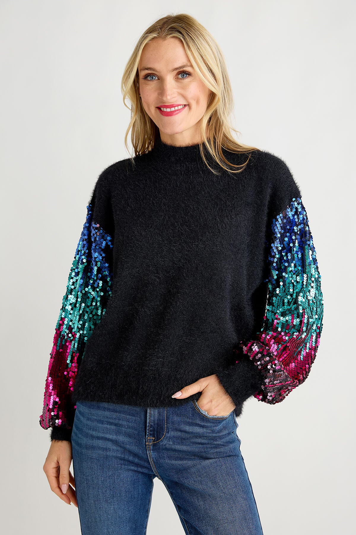 Listicle Sequin Sleeve Fuzzy Knit Pullover Sweater