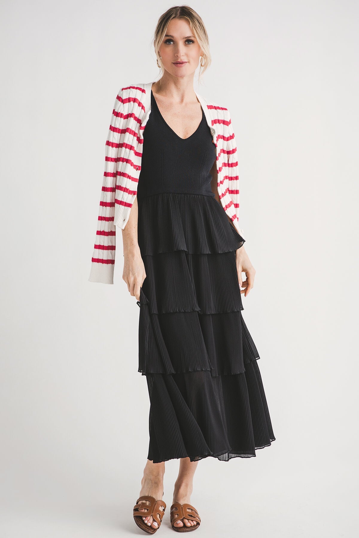 & Merci Pleated Tiered Midi Dress