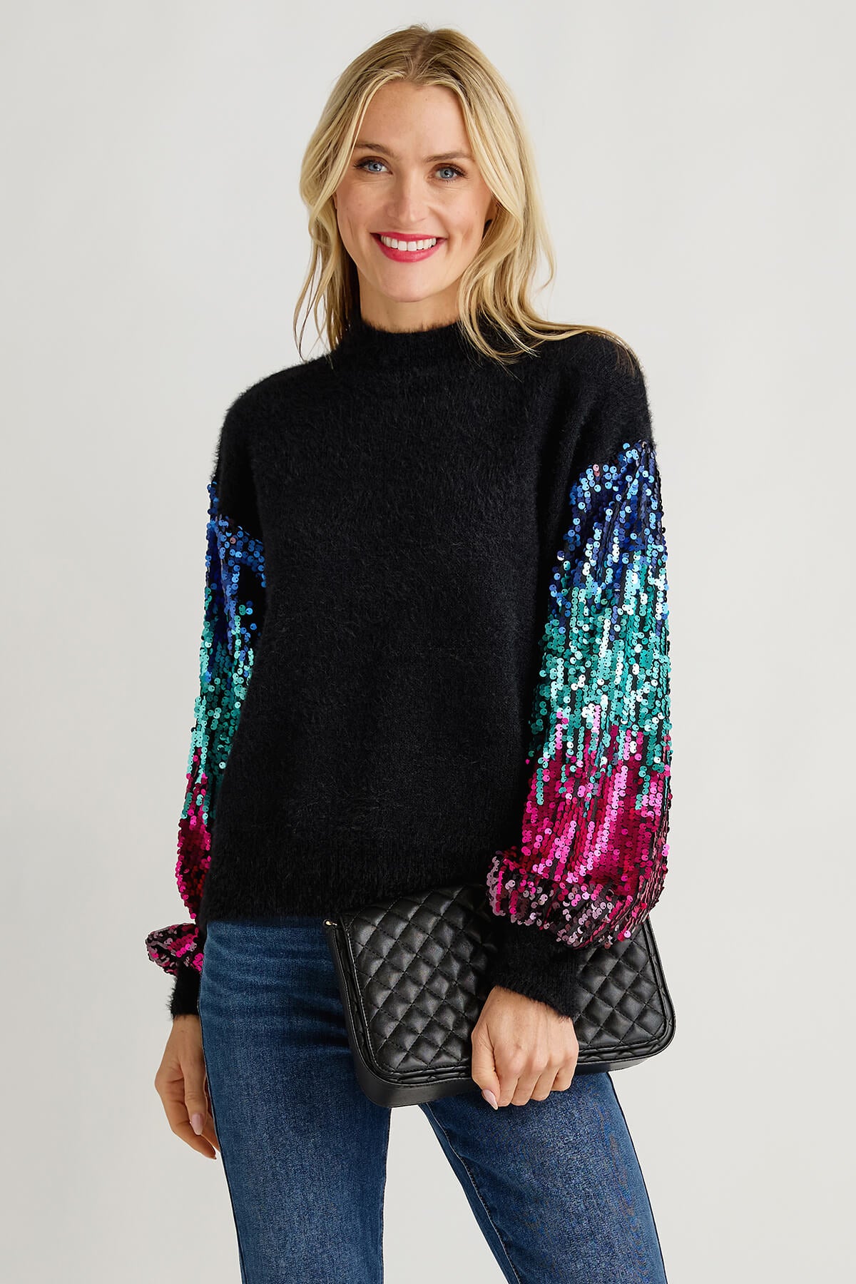 Listicle Sequin Sleeve Fuzzy Knit Pullover Sweater