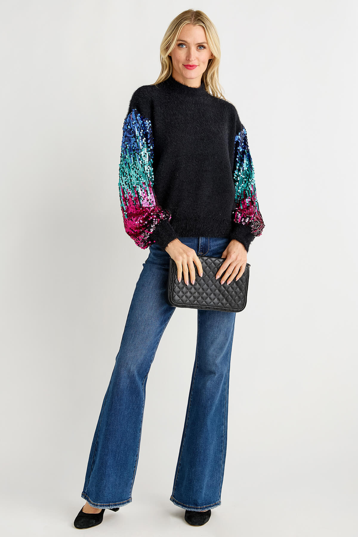 Listicle Sequin Sleeve Fuzzy Knit Pullover Sweater