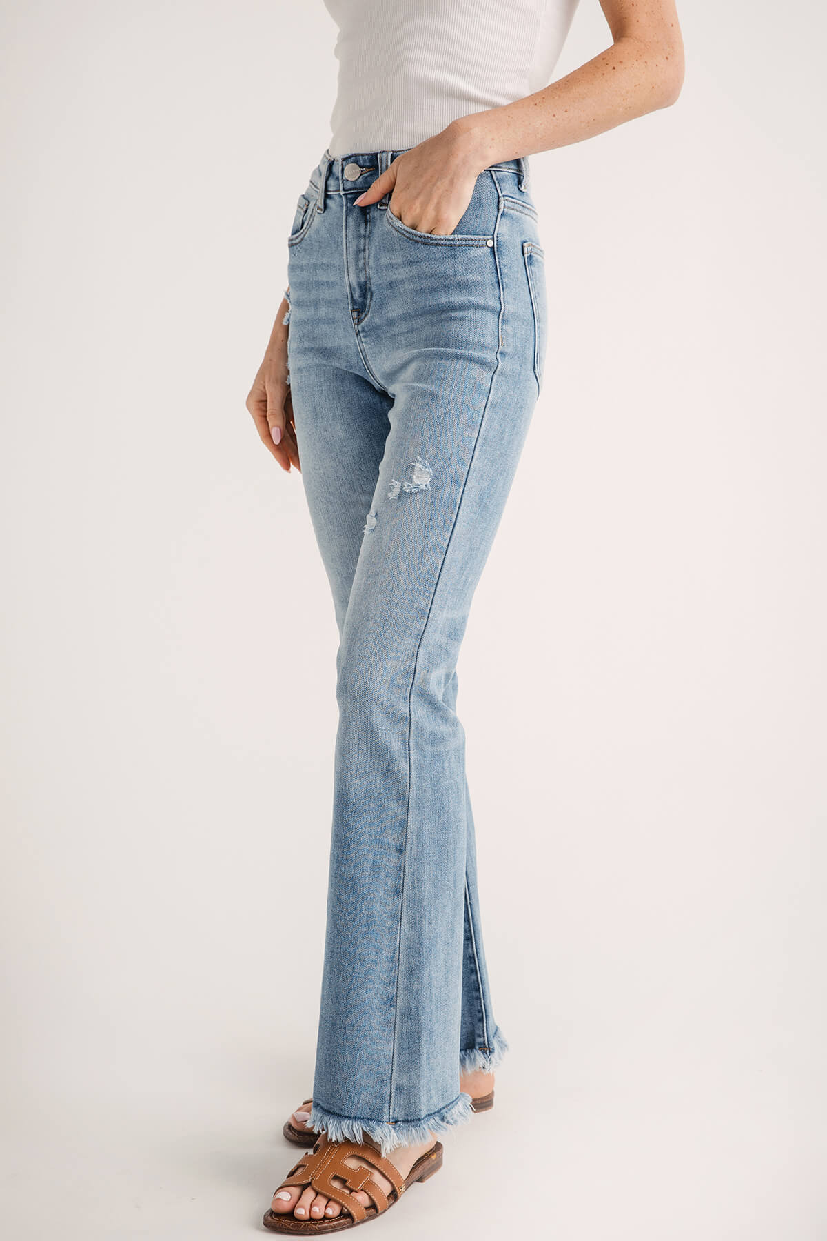 Risen Laine High Rise Ankle Kick Flare Frayed Hem Jeans