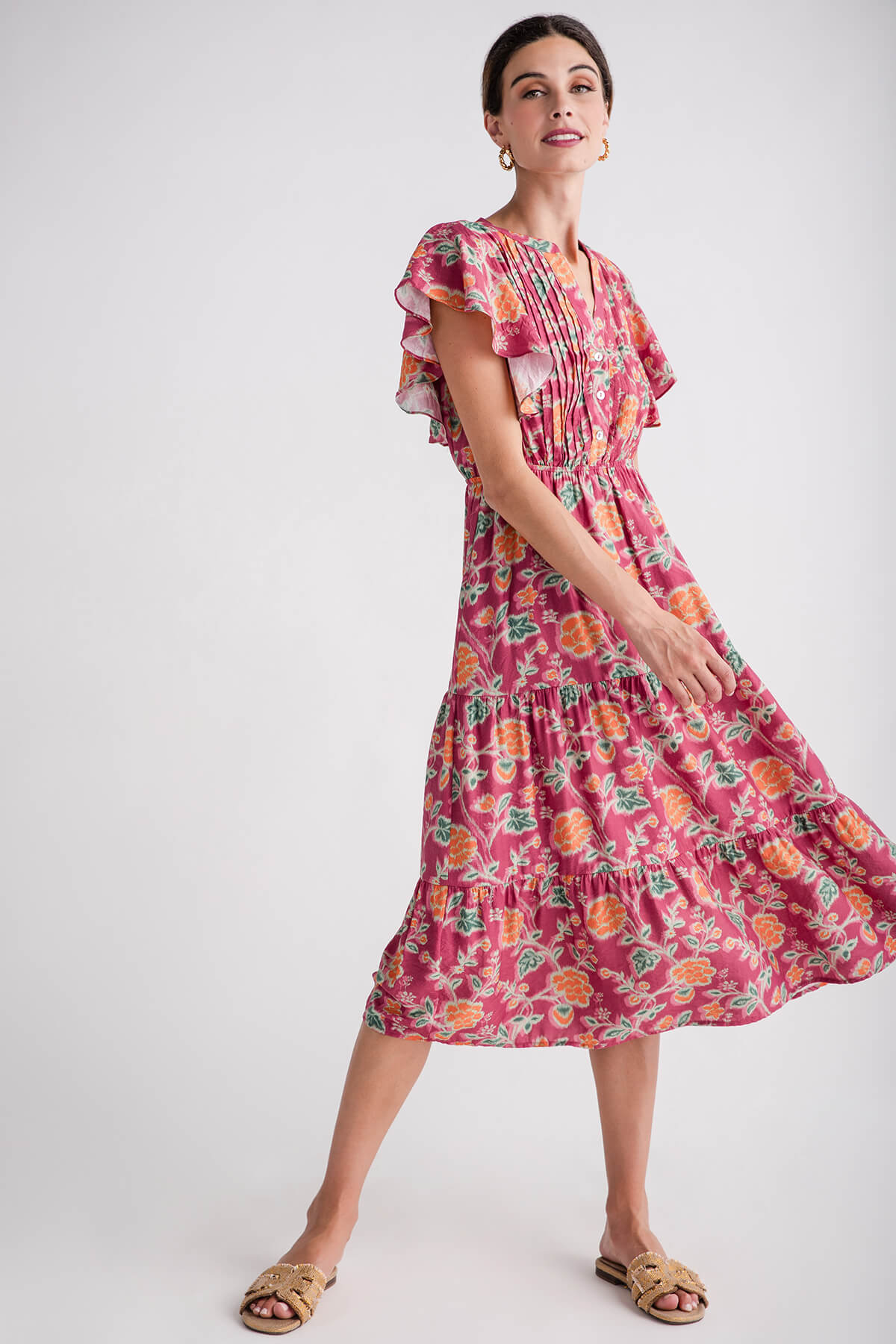 THML Flutter Sleeve Tiered Midi Dress