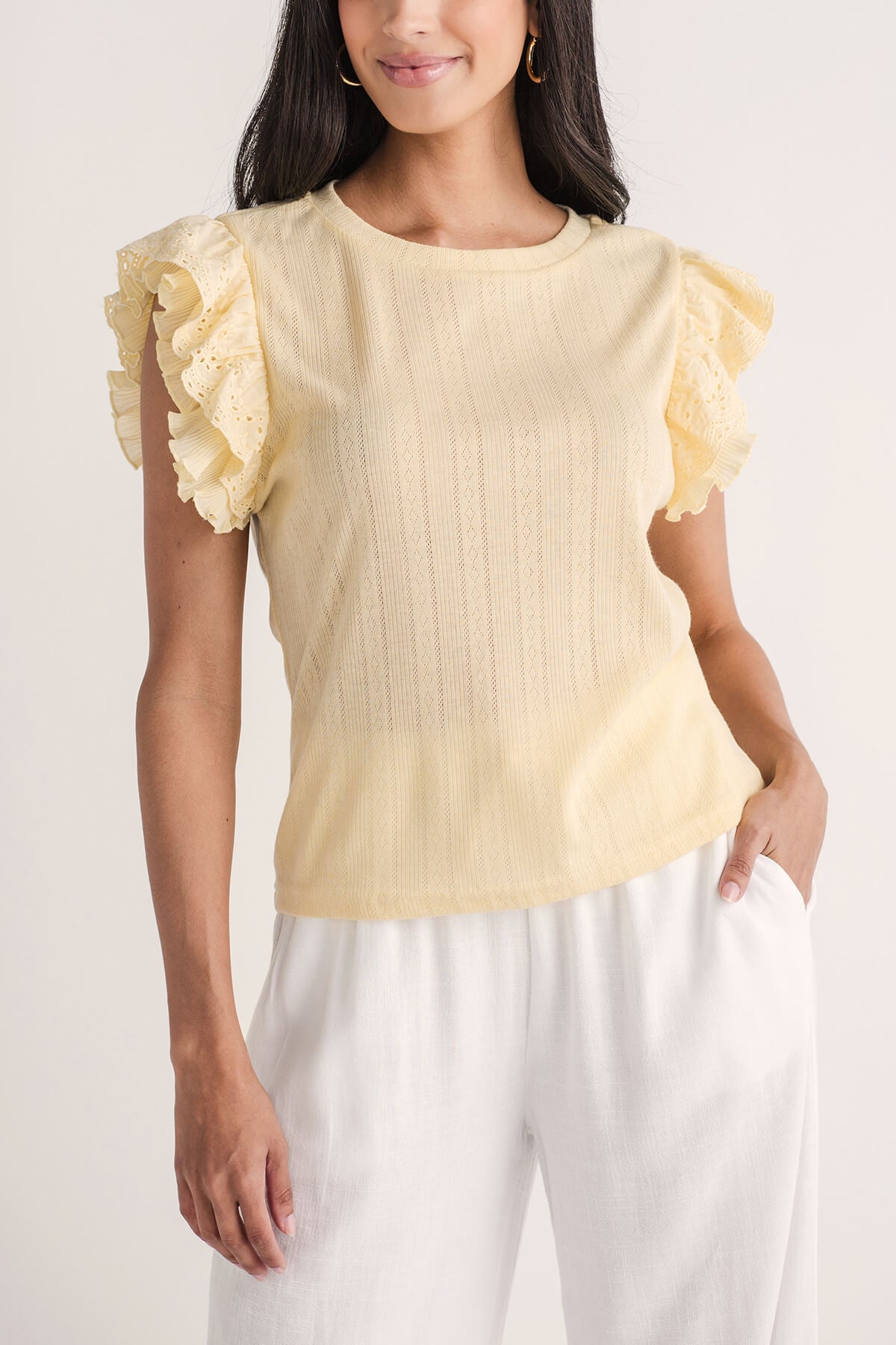 Hem and Thread Pointelle Ruffle Top