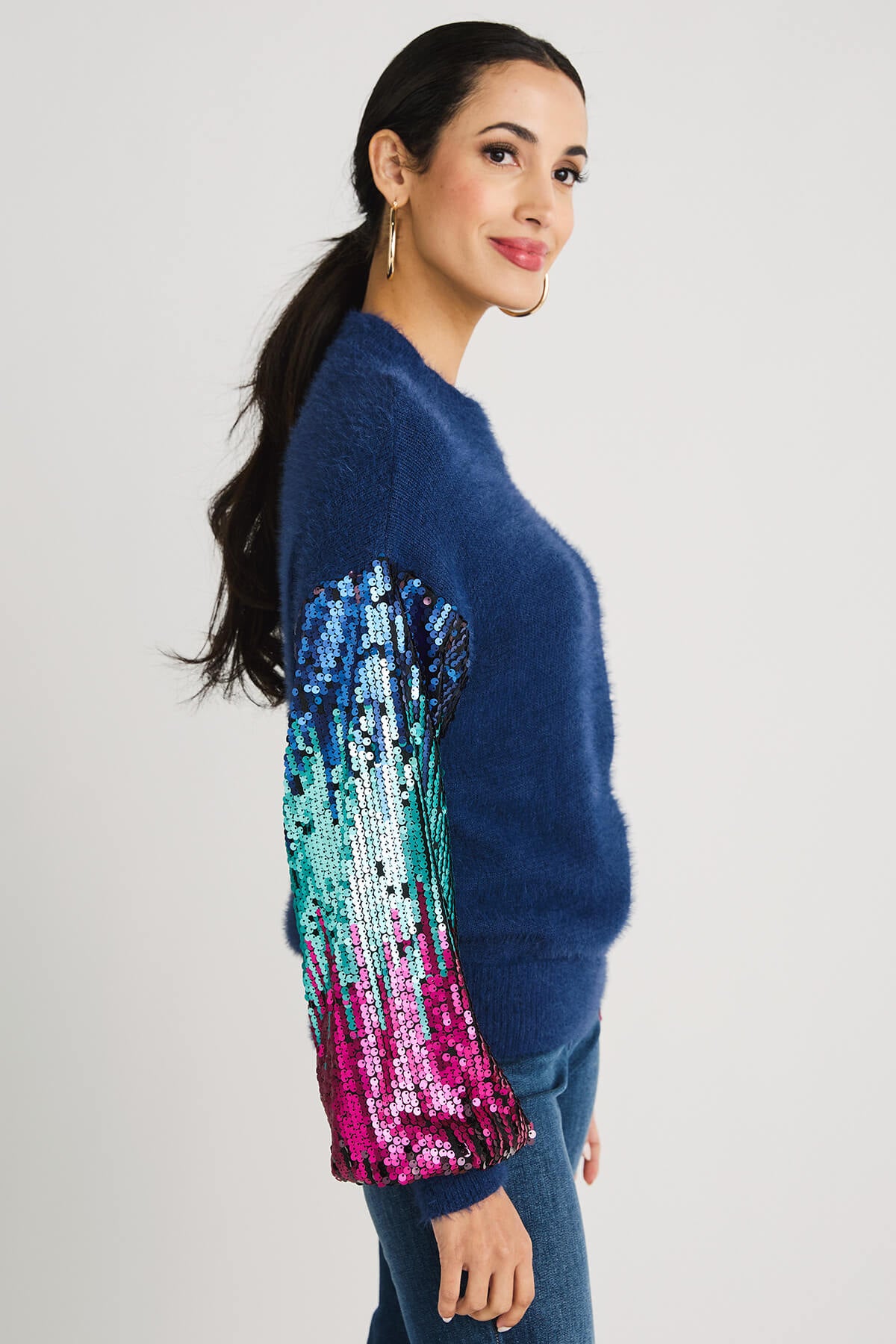 Listicle Sequin Sleeve Fuzzy Knit Pullover Sweater