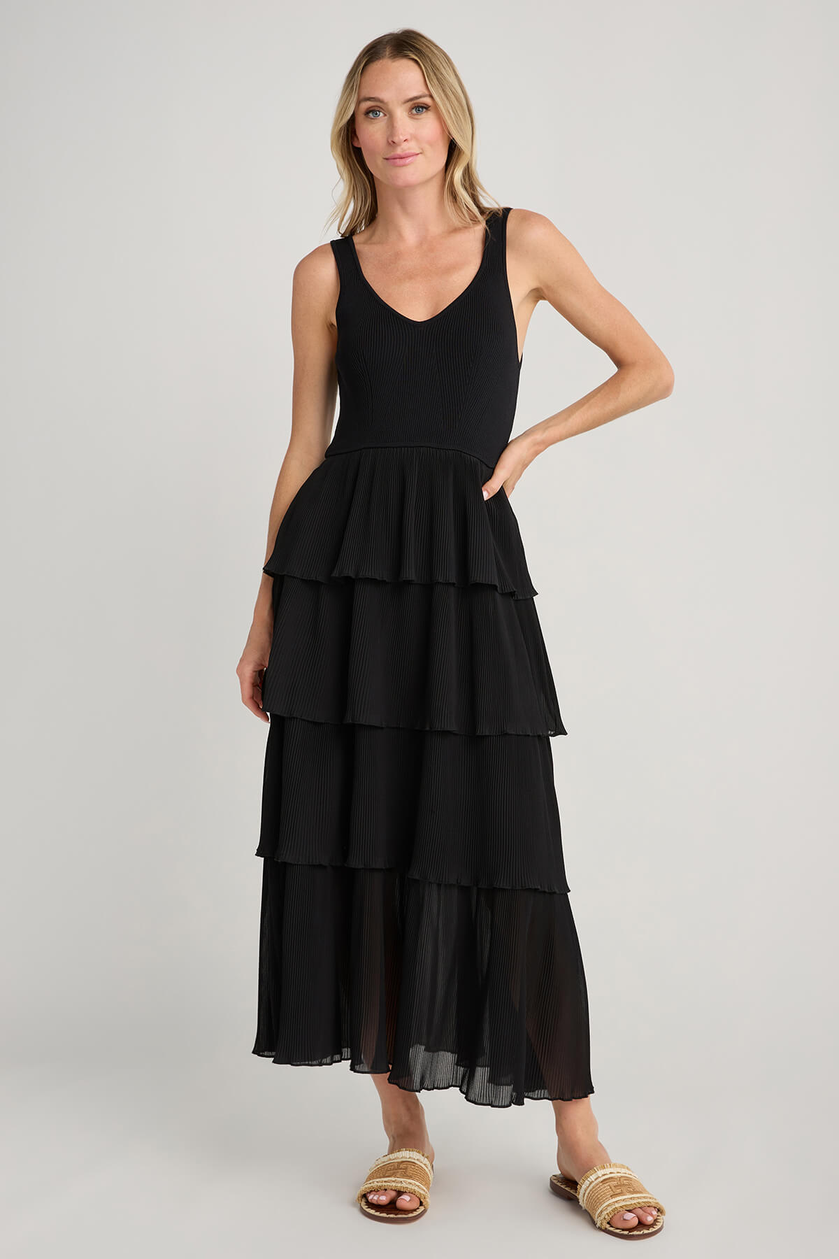 & Merci Pleated Tiered Midi Dress