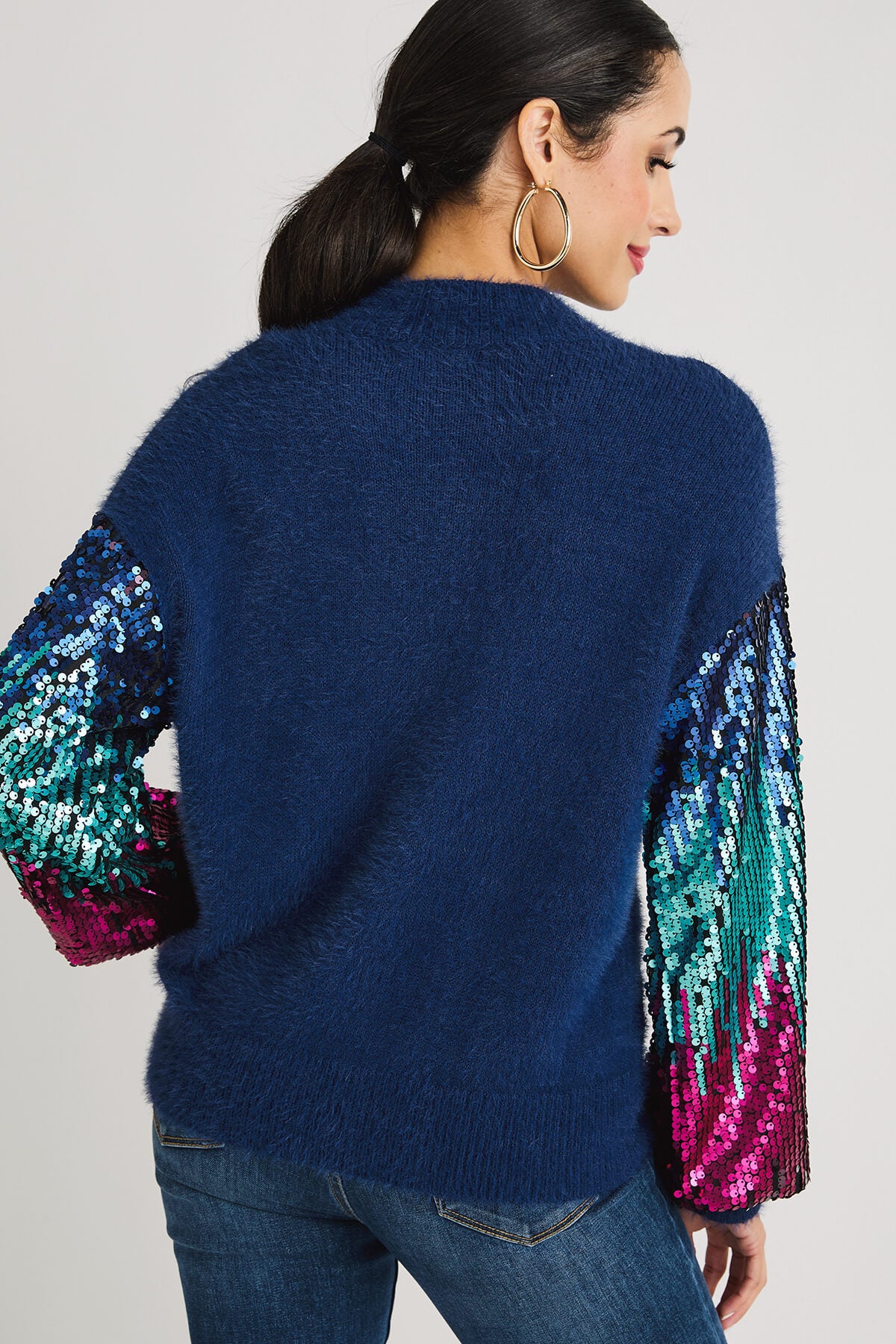 Listicle Sequin Sleeve Fuzzy Knit Pullover Sweater