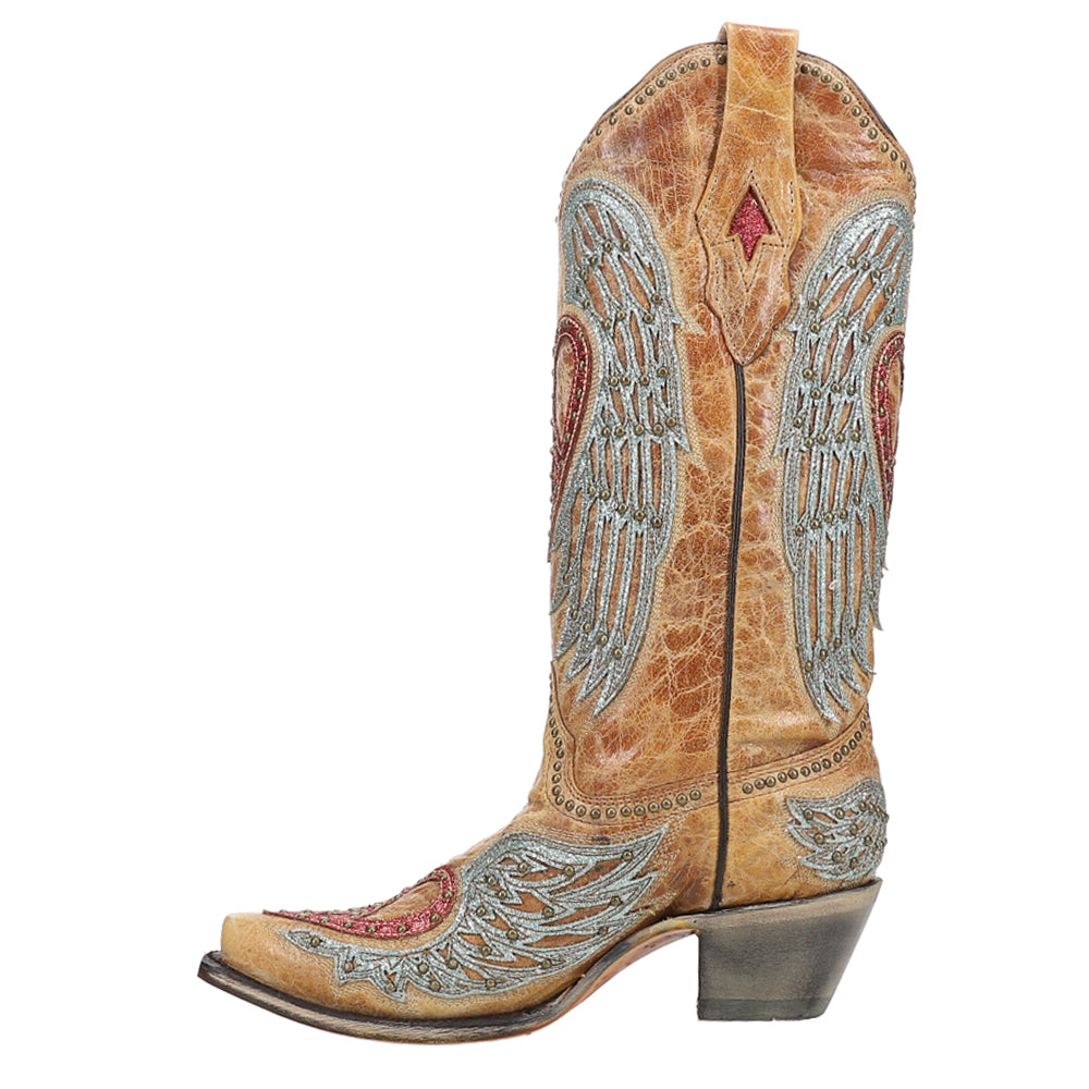 Heart and Wings Embroidery Studded Snip Toe Cowboy Boots