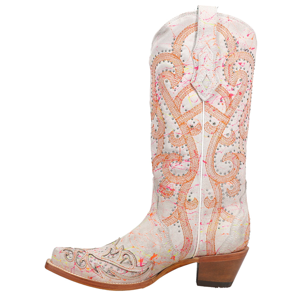 Fluorescent Embroidery Tooled-Inlay Studded Snip Toe Cowboy Boots