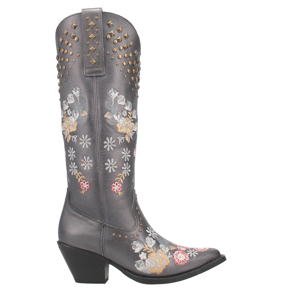 Poppy Floral Metallic Embroidery Studded Snip Toe Cowboy Boots