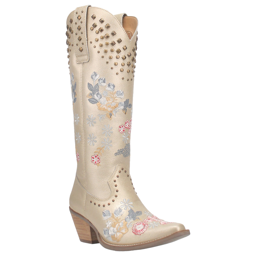 Poppy Floral Metallic Embroidery Studded Snip Toe Cowboy Boots