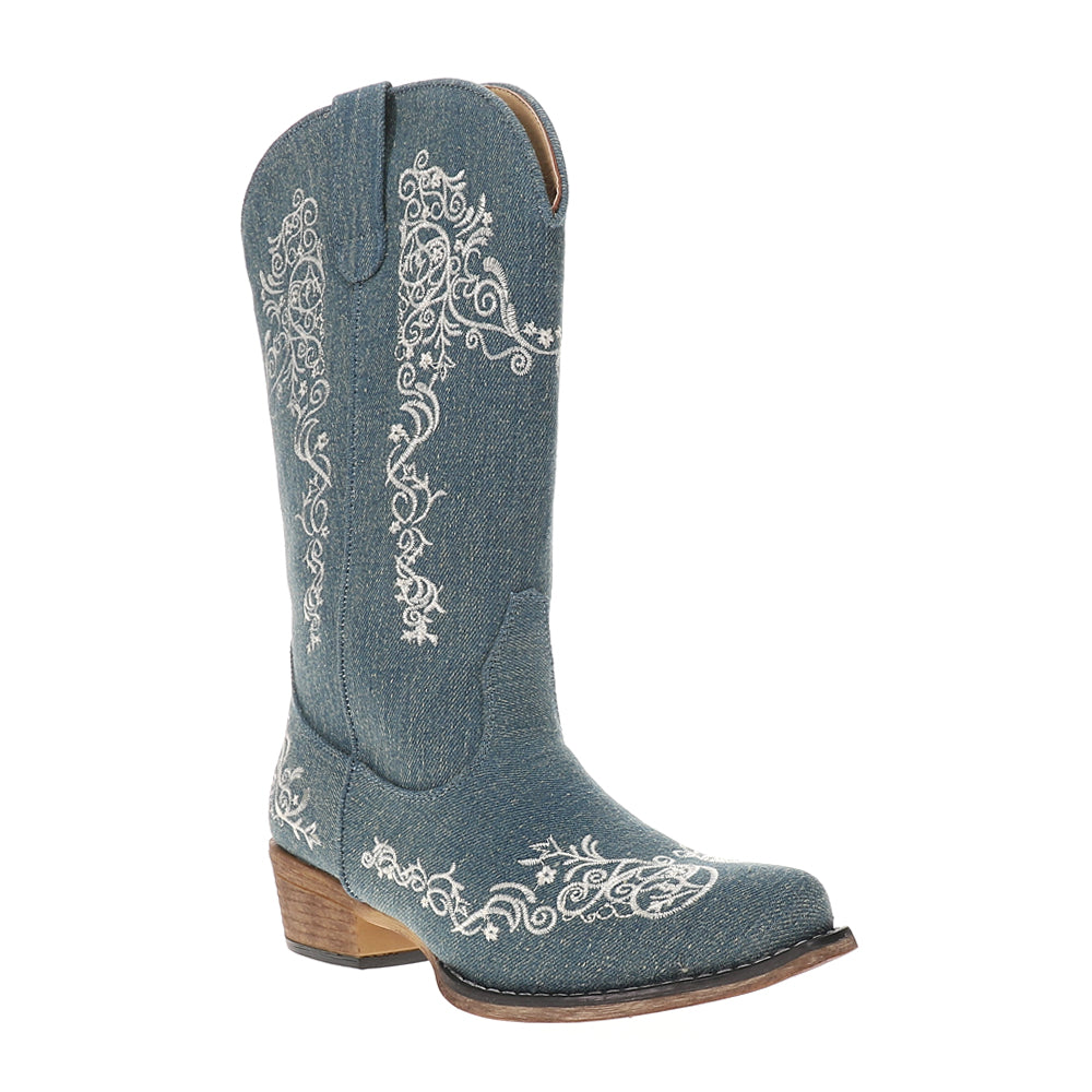 Riley Scroll Denim Embroidered Snip Toe Cowboy Boots