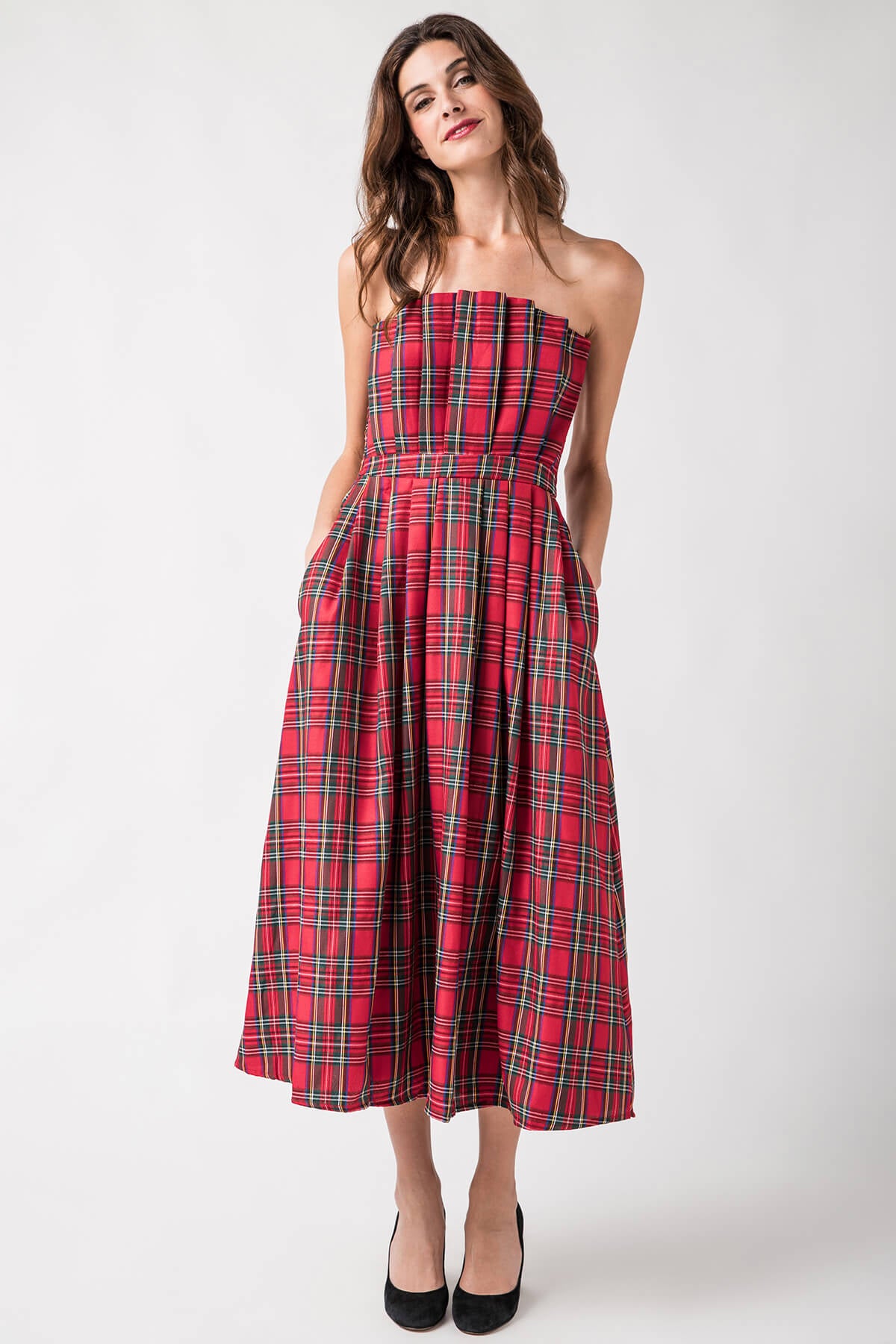 StyleU Plaid Strapless Midi Dress