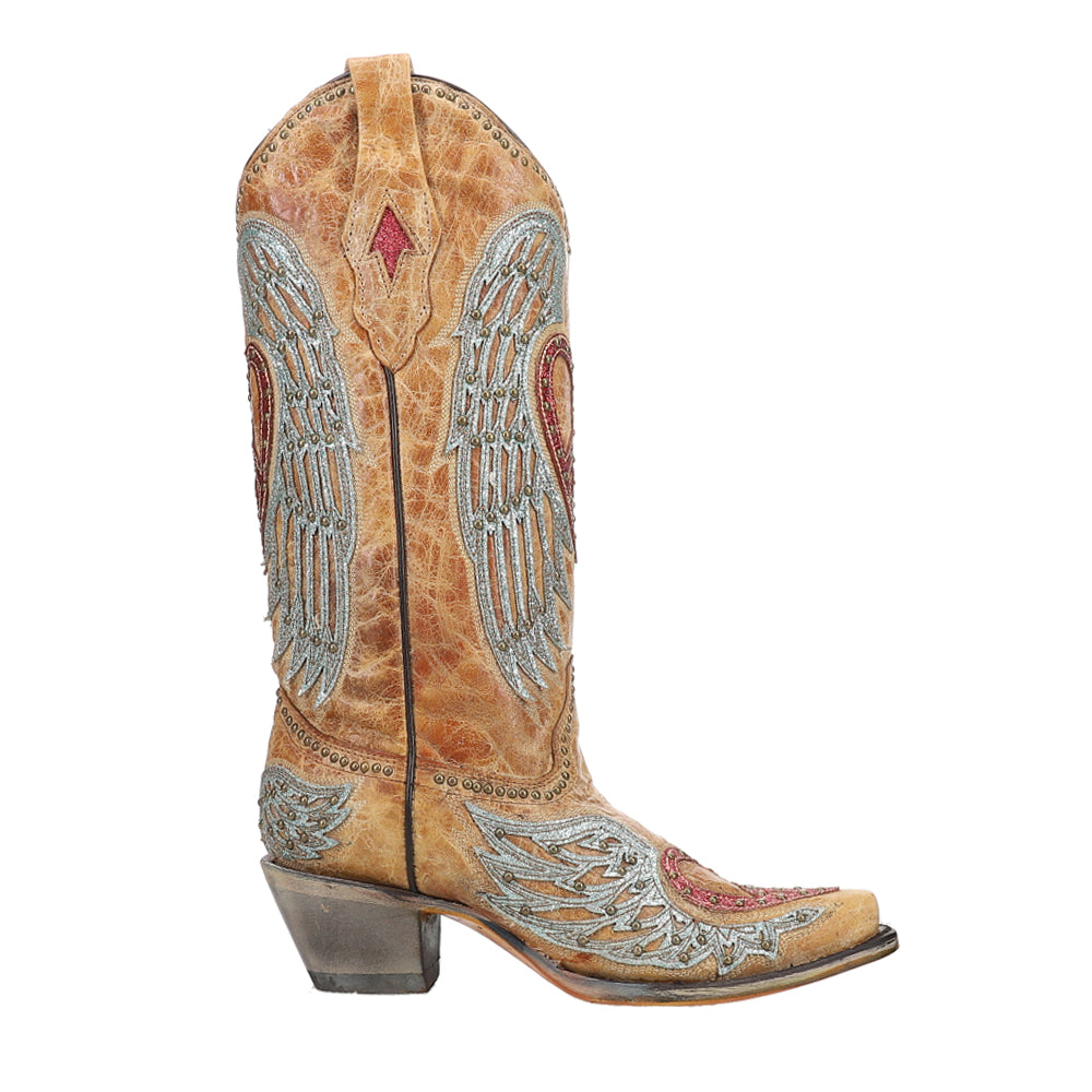 Heart and Wings Embroidery Studded Snip Toe Cowboy Boots