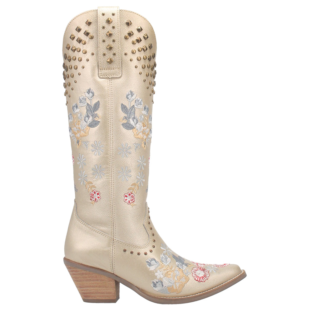 Poppy Floral Metallic Embroidery Studded Snip Toe Cowboy Boots