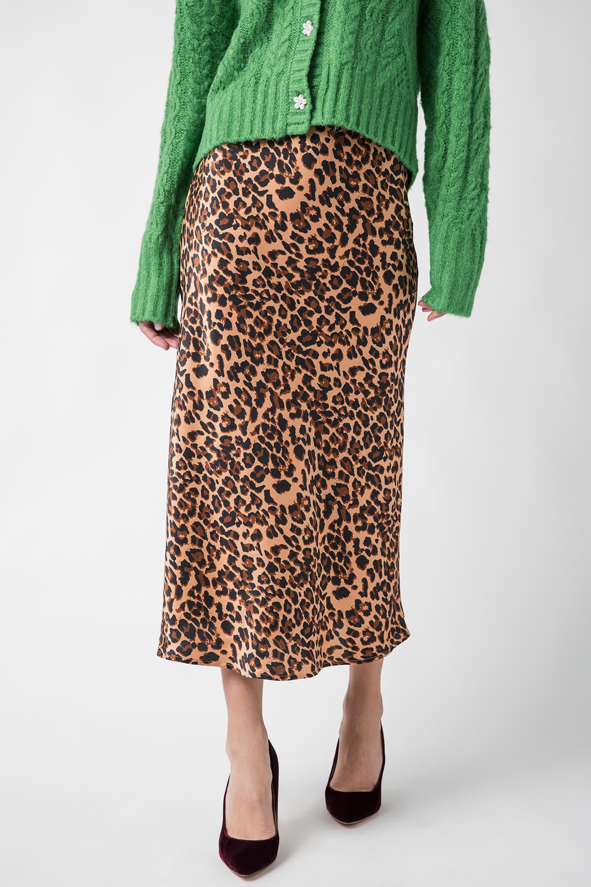 &Merci Satin Leopard Midi Slip Skirt